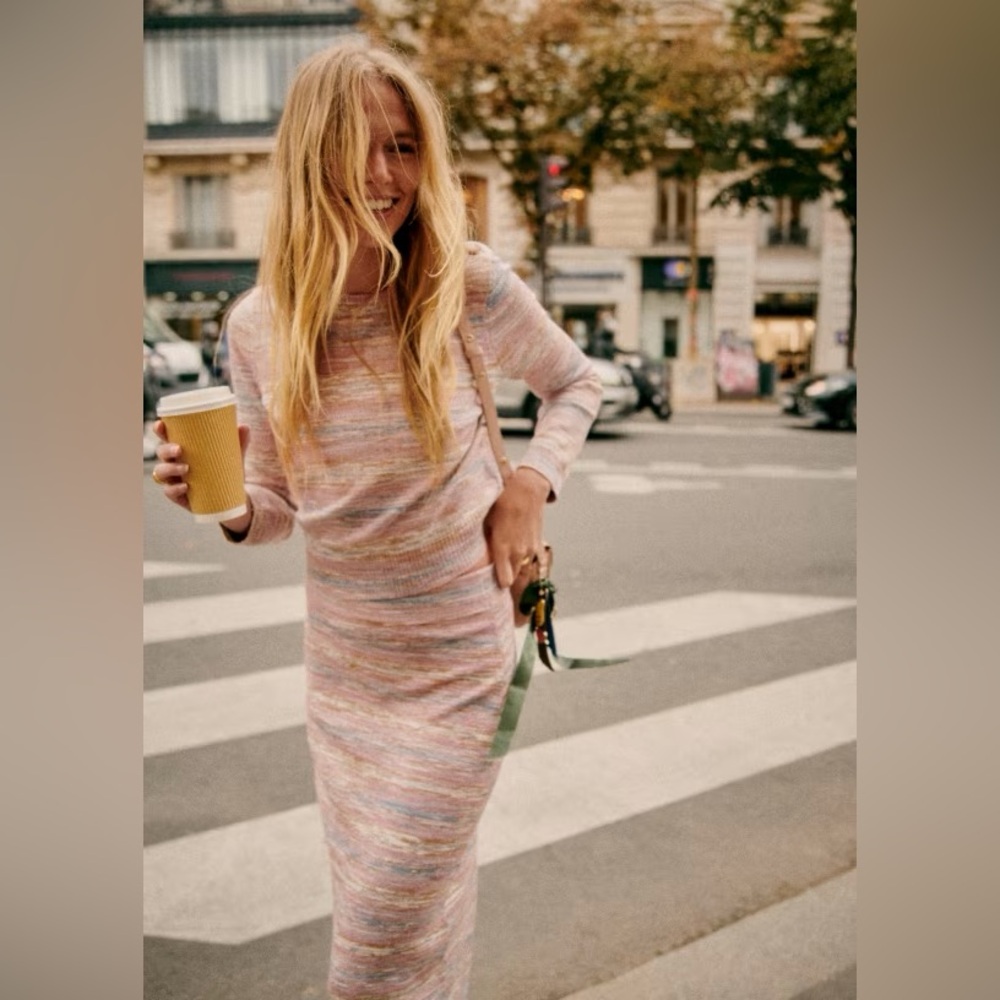 Sezane Multicolor Pastel Crewneck Sweater Dress